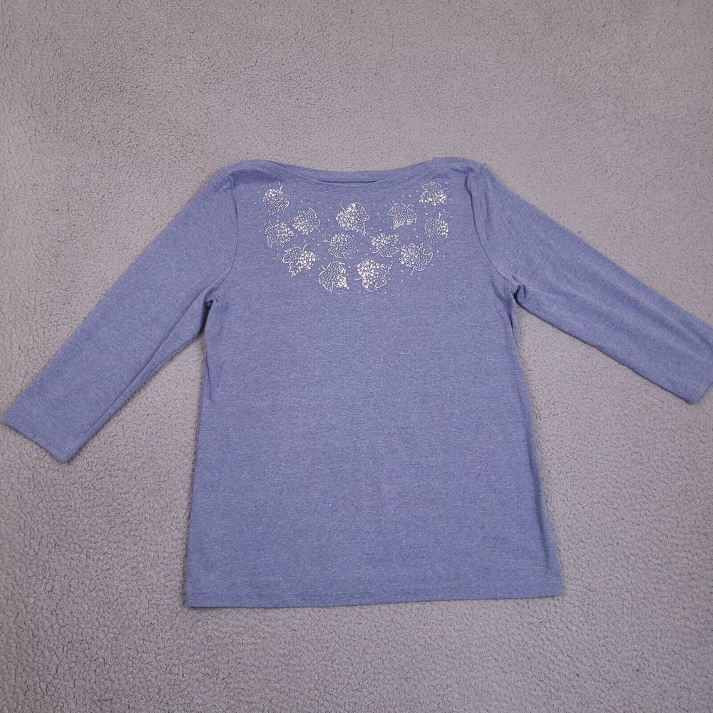 Croft Barrow T-Shirt Top Womens Large Blue 3/4 Sleeve Sequin Sparkle Leaves